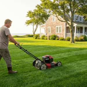 Residential Lawn care professional mowing a residential lawn in Cape May County New Jersey