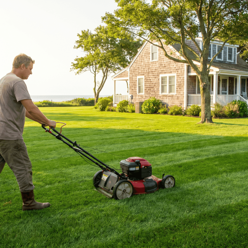 Lawn care professional mowing a residential lawn in cape may county new jersey