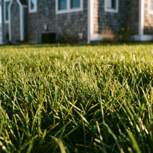 Dense cool-season grass lawn showing fine fescue and tall fescue mix in coastal Cape May County New Jersey, after the grass seed took hold.