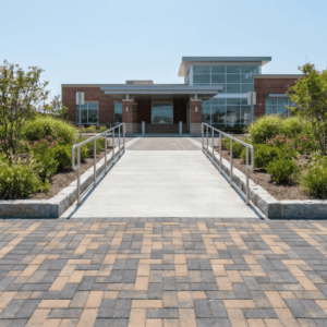 Commercial hardscaping paver entry with ADA ramp and Belgian block edging at a Cape May County property