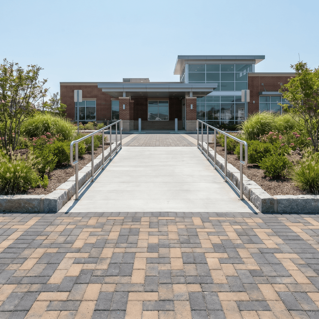 Commercial hardscaping paver entry with ada ramp and belgian block edging at a cape may county property