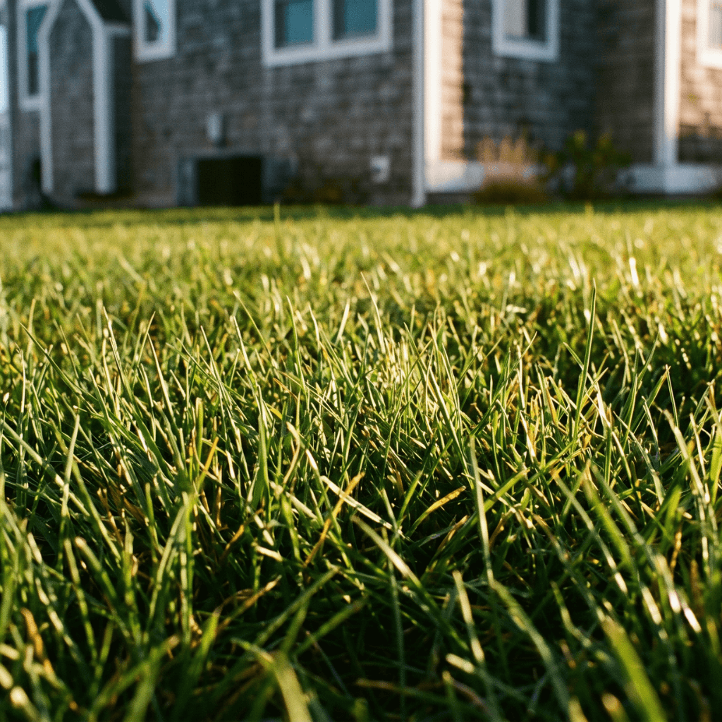 Neatly striped residential lawn mowing results in a coastal cape may county new jersey neighborhood