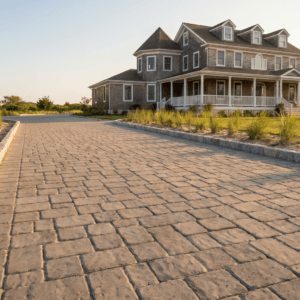 Residential hardscaping paver driveway with Belgian block edging at a Cape May County home