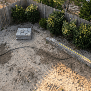 Cape May County backyard residential landscaping planning phase with stacked pavers and measuring tape