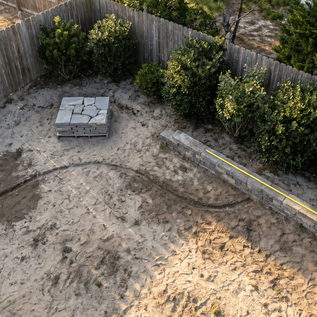 Cape may county backyard residential landscaping planning phase with stacked pavers and measuring tape