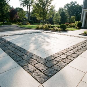Belgian block edging Cape May County driveway with set granite units
