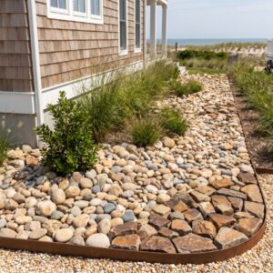Decorative rock landscaping Cape May County river rock bed on a coastal lot
