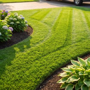 Lawn care company Cape May County crew mowing a residential lawn