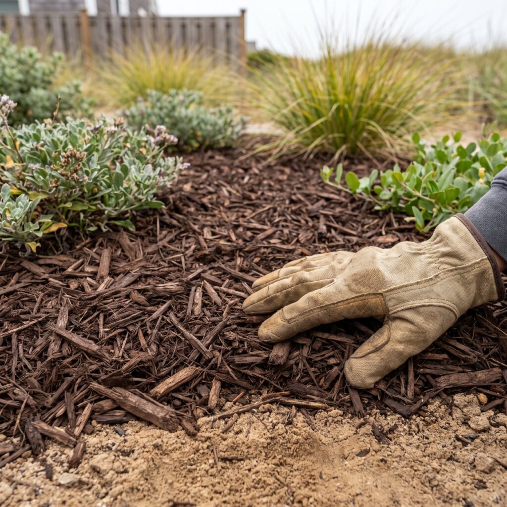 Mulch Depth And Why It Matters On Coastal Beds 10 Mulch depth landscape beds, hardwood mulch spread evenly around coastal plantings