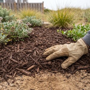 Mulch depth landscape beds, hardwood mulch spread evenly around coastal plantings