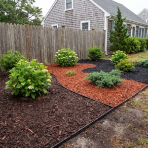 Mulch types Cape May County landscape bed with hardwood mulch around shrubs
