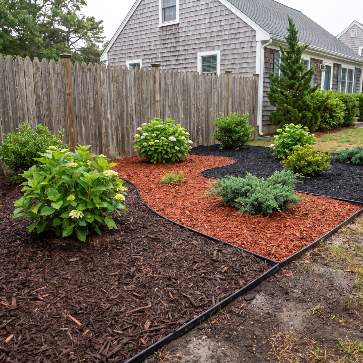 Mulch Selection For Cape May County Landscapes 3 Hardwood mulch bed installed around shrubs in a lower cape may county landscape