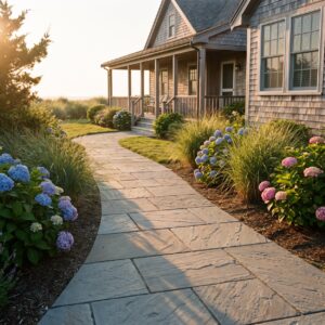 Stone walkway design Cape May County property with planted bed edges