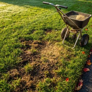 Fall overseeding a thin lawn area in lower Cape May County with a broadcast spreader