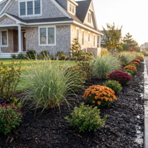 Fall planting bed with mums and ornamental grasses at a Cape May County home
