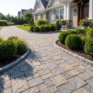 Paver driveway and Belgian block edging showing hardscaping ROI on a coastal NJ home