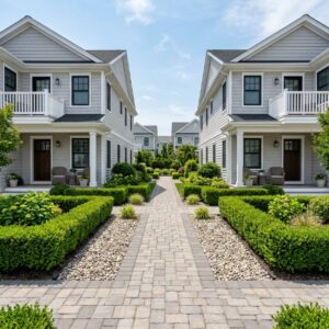 HOA hardscaping with a paver walkway and clipped hedges at a Cape May County condo property