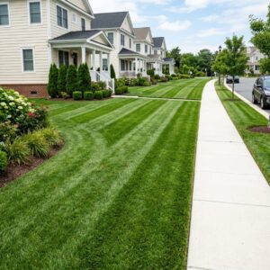 HOA lawn care striping along a common area sidewalk in lower Cape May County