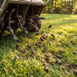 Core lawn aeration pulling soil plugs from a compacted Cape May County lawn