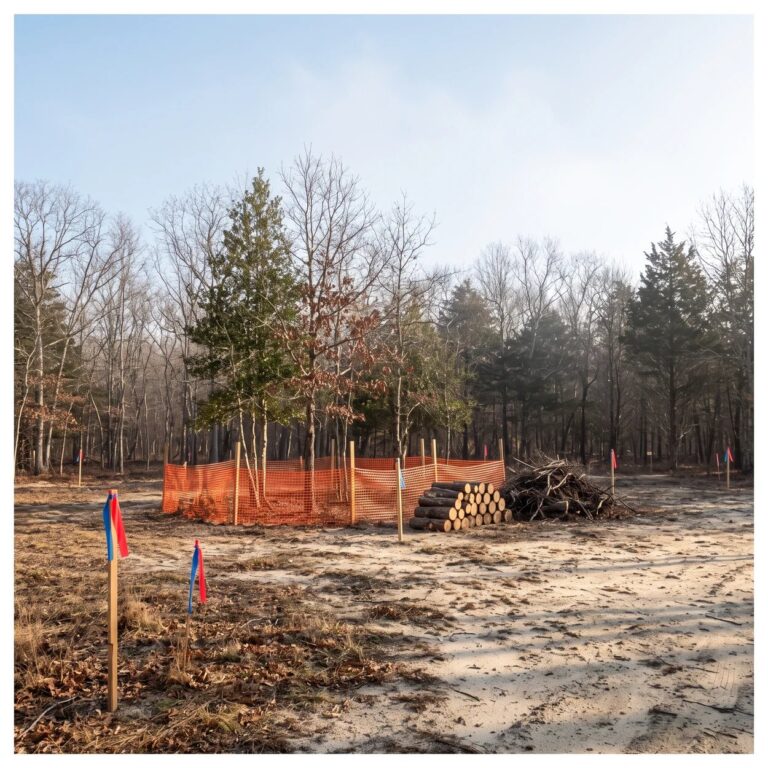 Lot clearing in green creek: saved trees fenced off at the edge of a cleared sandy building lot with logs and brush piled
